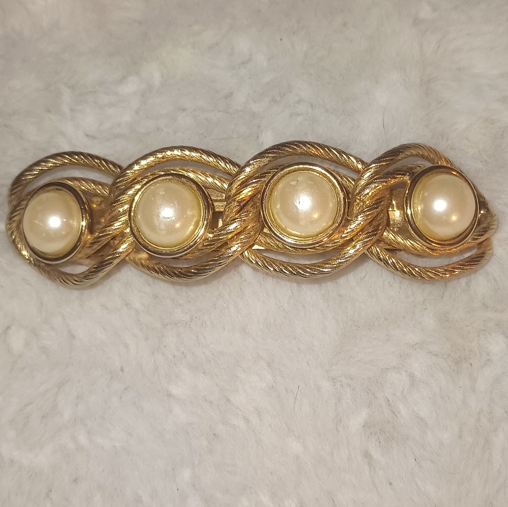 Vintage Faux Pearls Gold Toned Hair Barrette